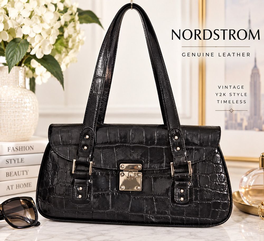 Vintage Nordstrom Black Croc Embossed Leather Shoulder Bag Y2K Baguette Silver